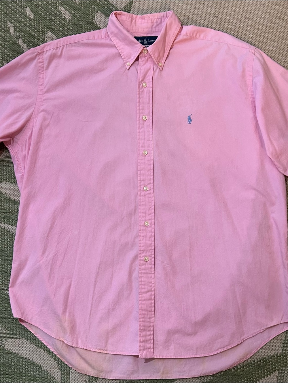 Ralph Lauren Pink Button-Down Short Sleeve Cotton Shirt with Blue Pony Logo XL